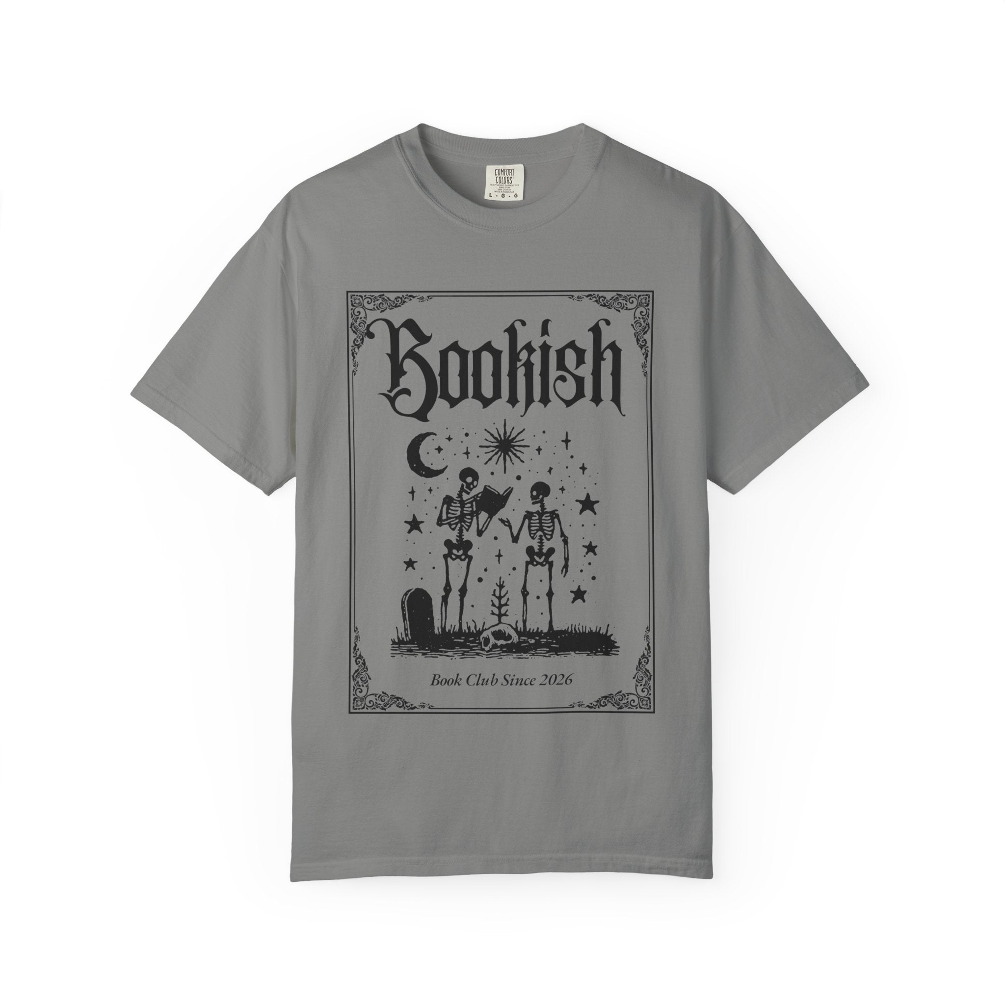 Bookish Dark Graphic T-Shirt — Gothic Skeleton Reading Design