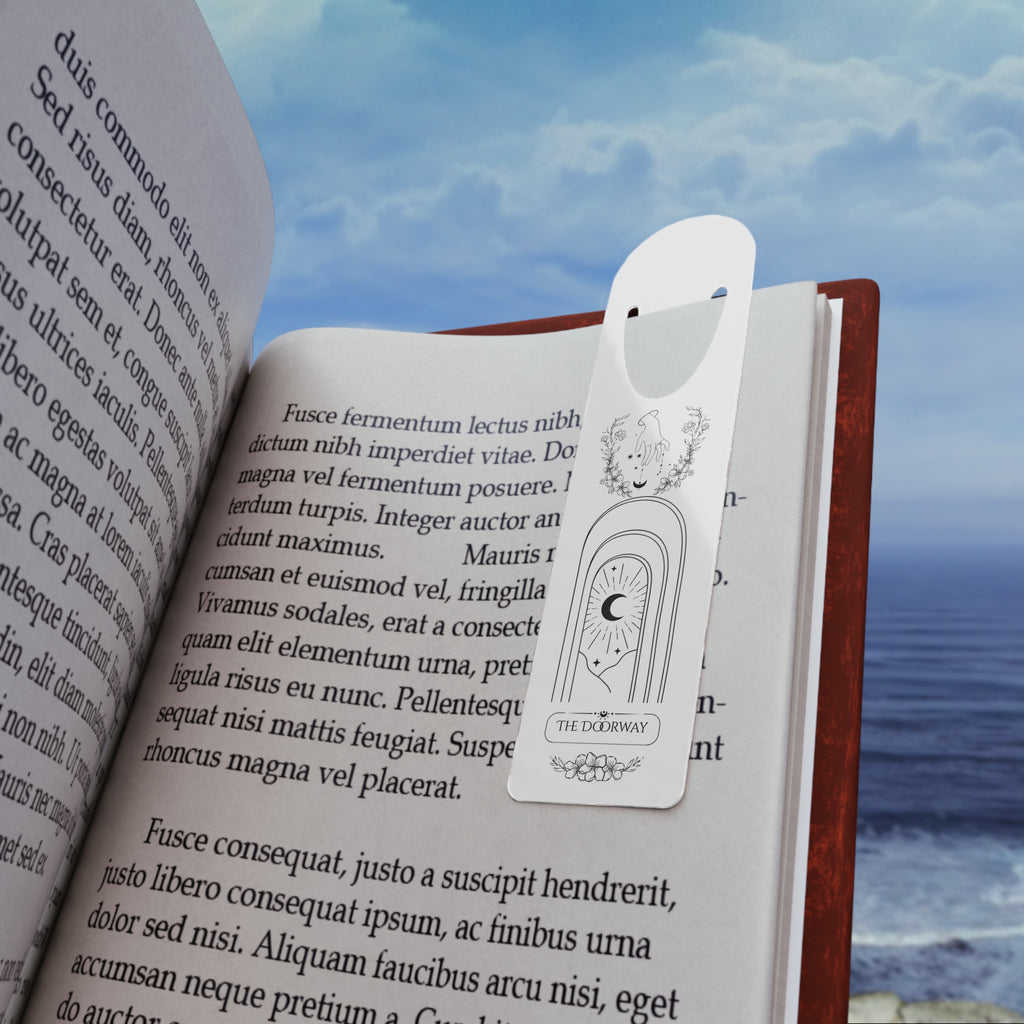 Mystic Doorway Bookmark — Minimal Moon & Hand-Drawn Botanical Metal Bookmark