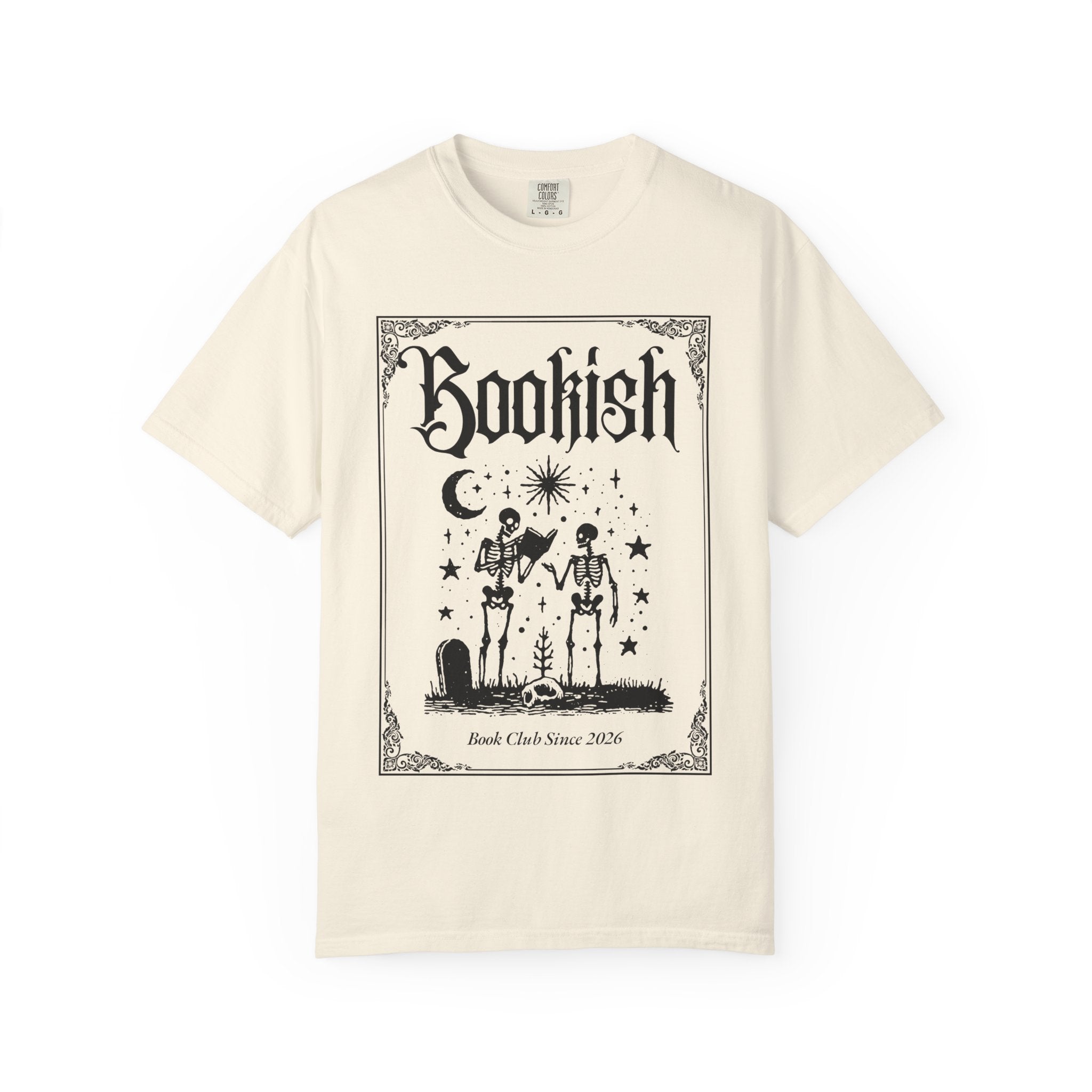 Bookish Dark Graphic T-Shirt — Gothic Skeleton Reading Design