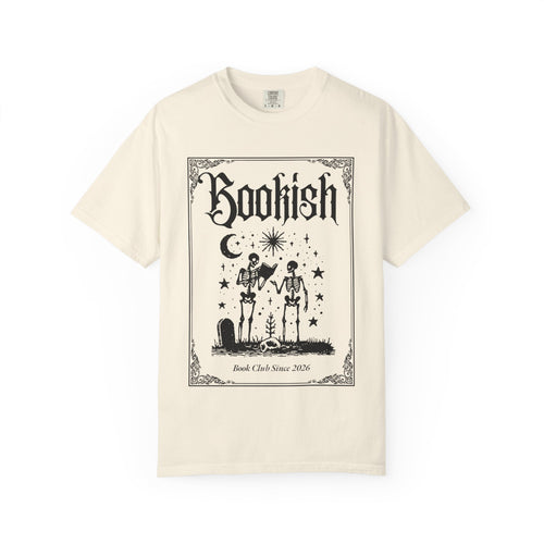Bookish Dark Graphic T-Shirt — Gothic Skeleton Reading Design