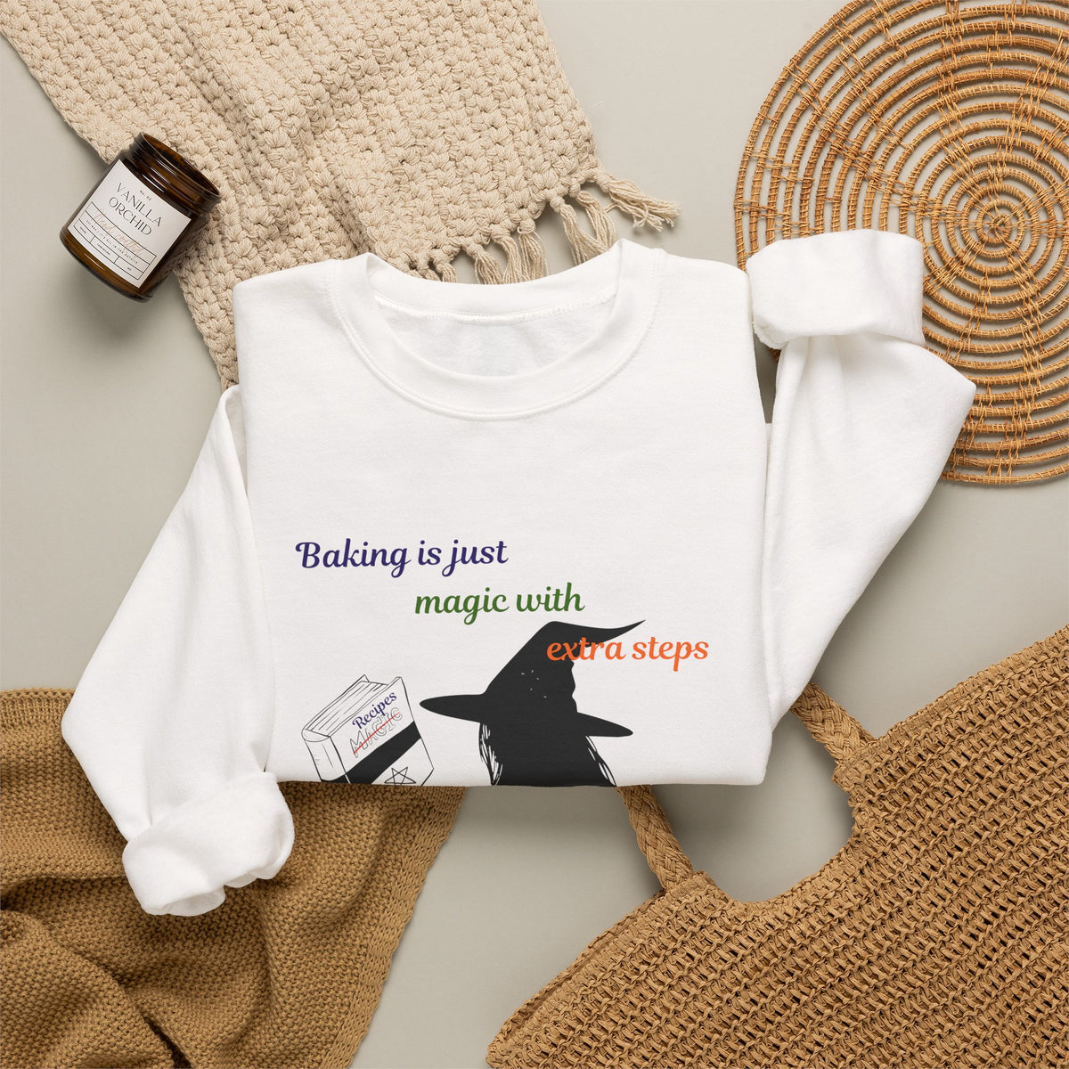 Witch Baking Crewneck Sweatshirt — "Baking is just magic with a few steps" Halloween Sweater