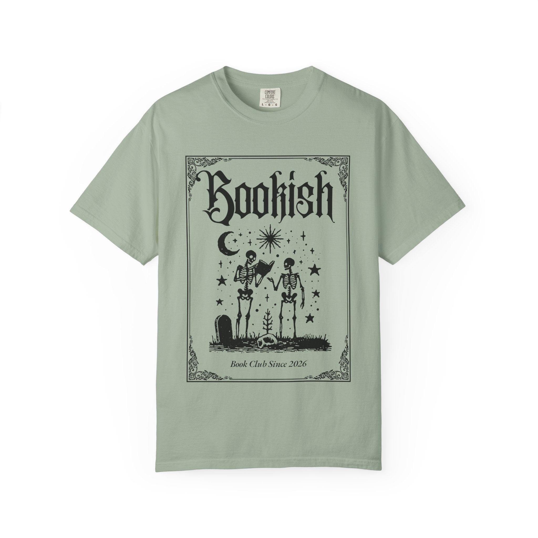 Bookish Dark Graphic T-Shirt — Gothic Skeleton Reading Design