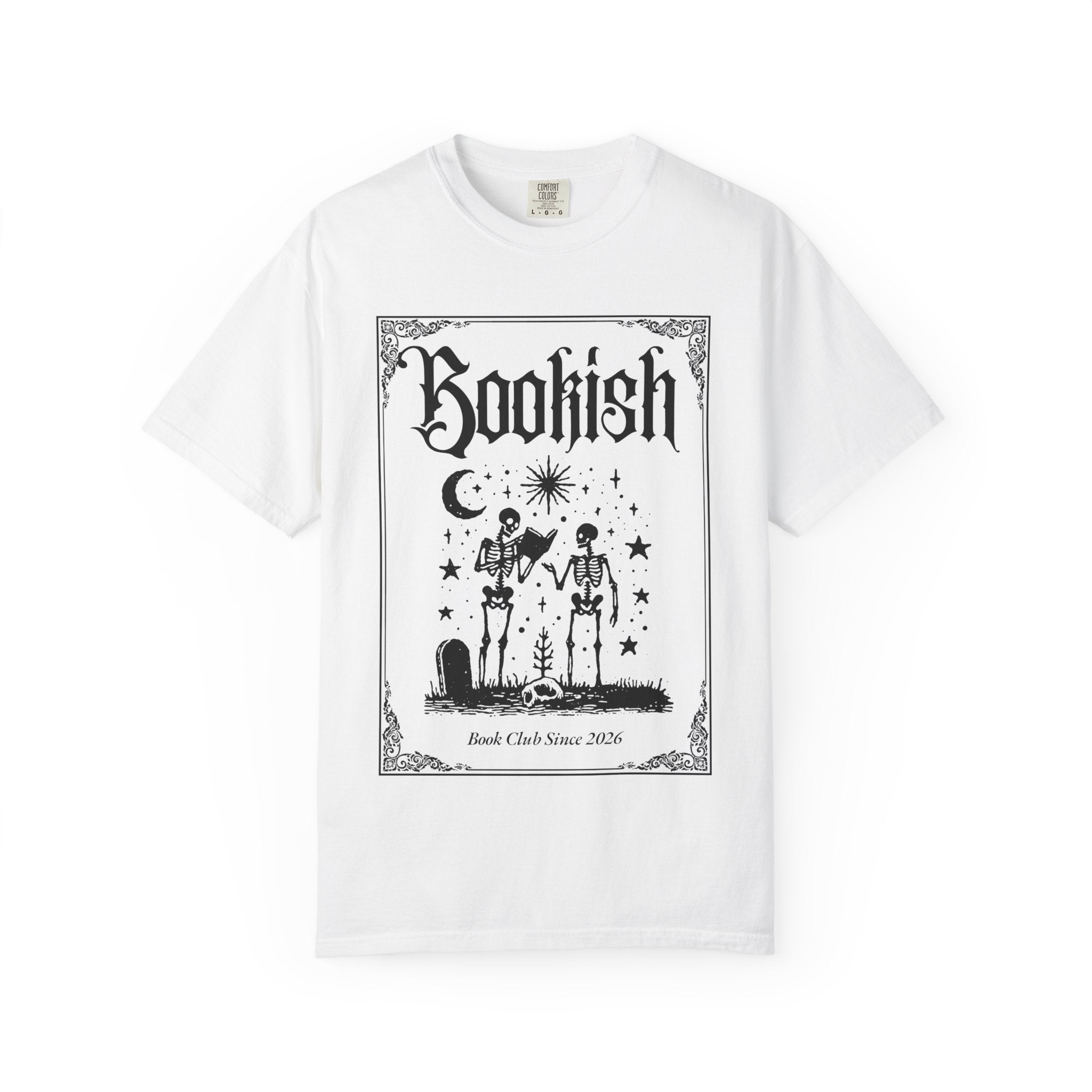 Bookish Dark Graphic T-Shirt — Gothic Skeleton Reading Design