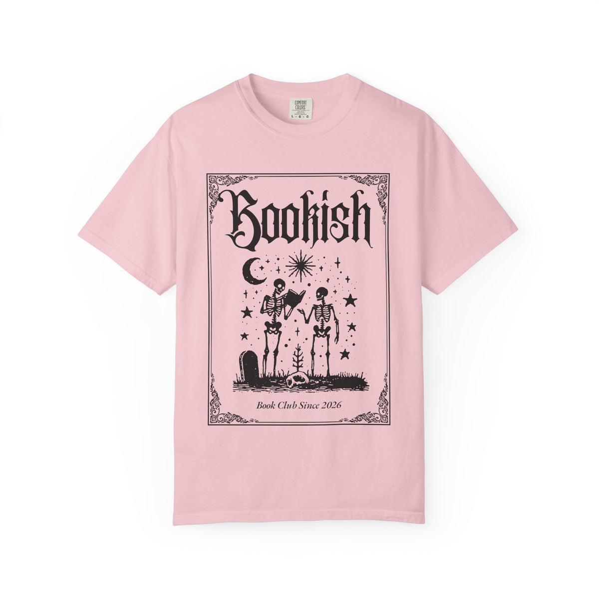 Bookish Dark Graphic T-Shirt — Gothic Skeleton Reading Design